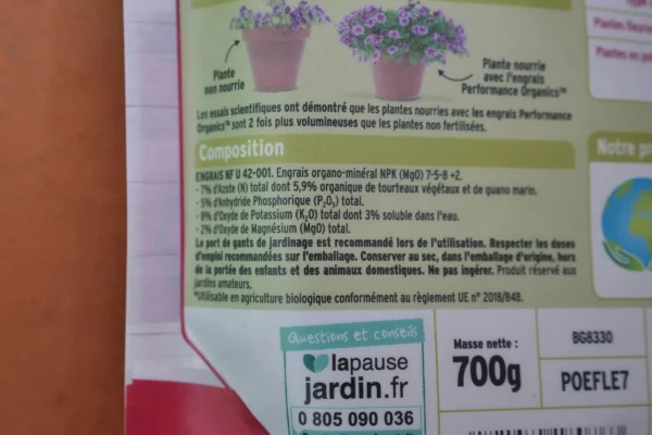 Engrais plantes fleuries géraniums dipladénias Performance Organics 700g - Fertiligène Naturen (2) - Produits - Jardi Pradel - Jardinerie et fleuriste à Bagnères-de-Luchon (31)